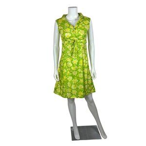 Vintage 60s Cocktail Dress Womens Extra Small Green Yellow Floral Print Mini Sat